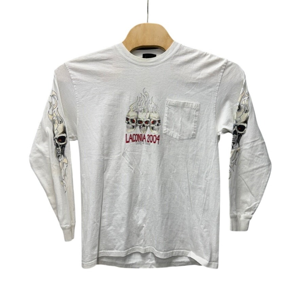 Vintage 2004 Laconia Rally & Races Biker T-Shirt White Long Sleeve Skulls L